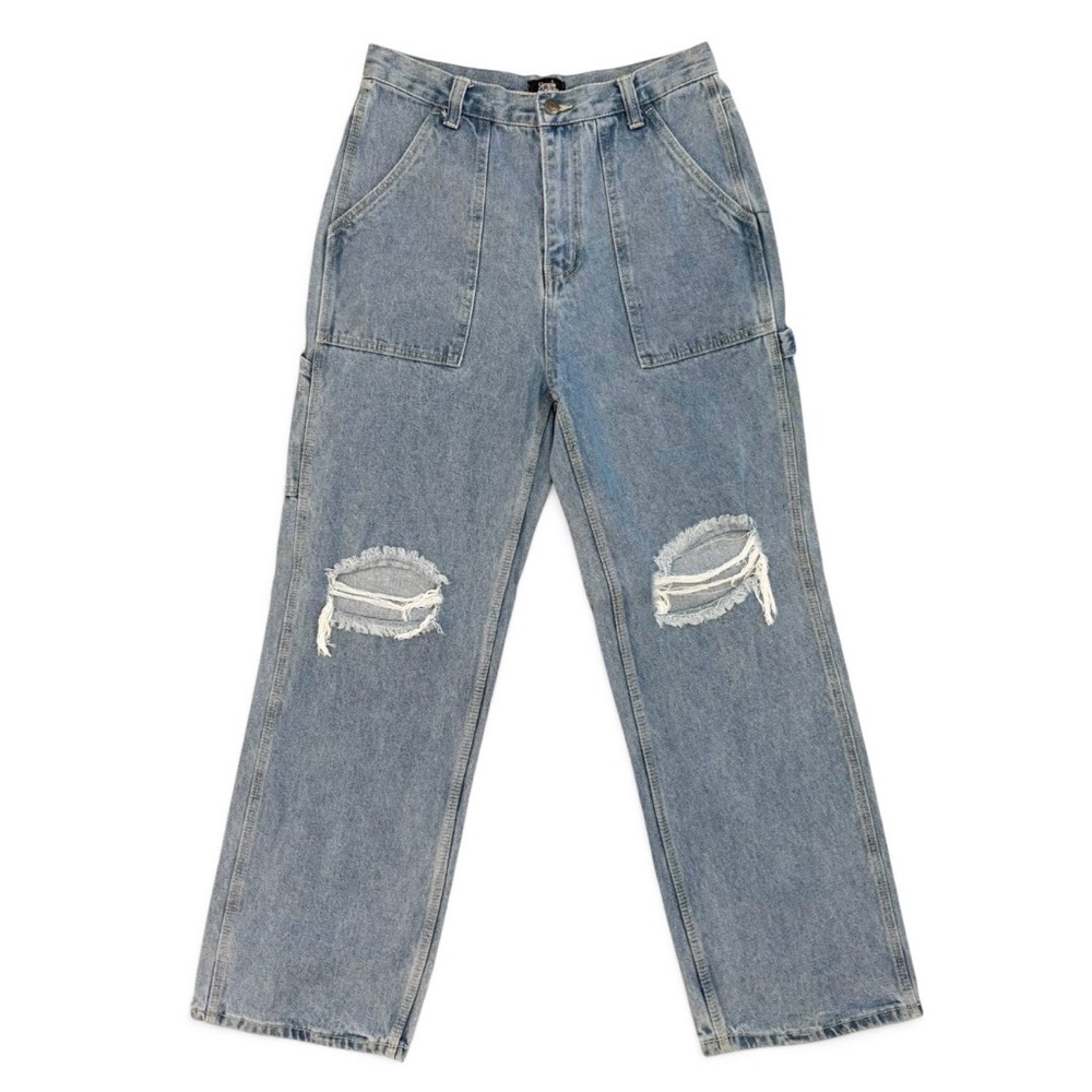 Simple Society Distressed Wide Leg Jeans Light Blue Wash